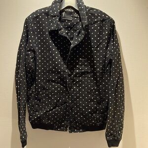 TopMan jacket: lined sleeves, snap buttons, SZ US 36 UK 36, black w/beige print